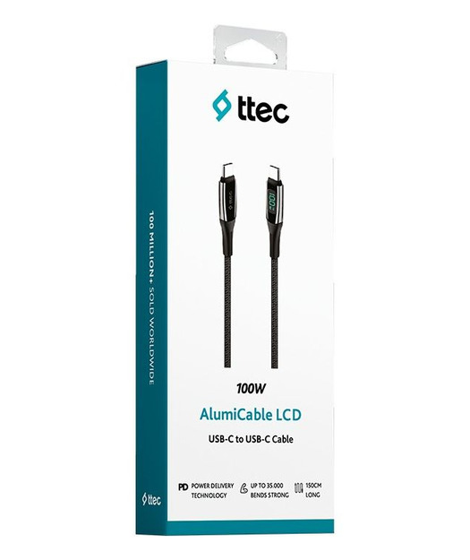 TTEC 2DK57S AlumiCable LCD USB-C – USB-C 100W PD/QC 150cm Hızlı Şarj/Data Kablosu Siyah